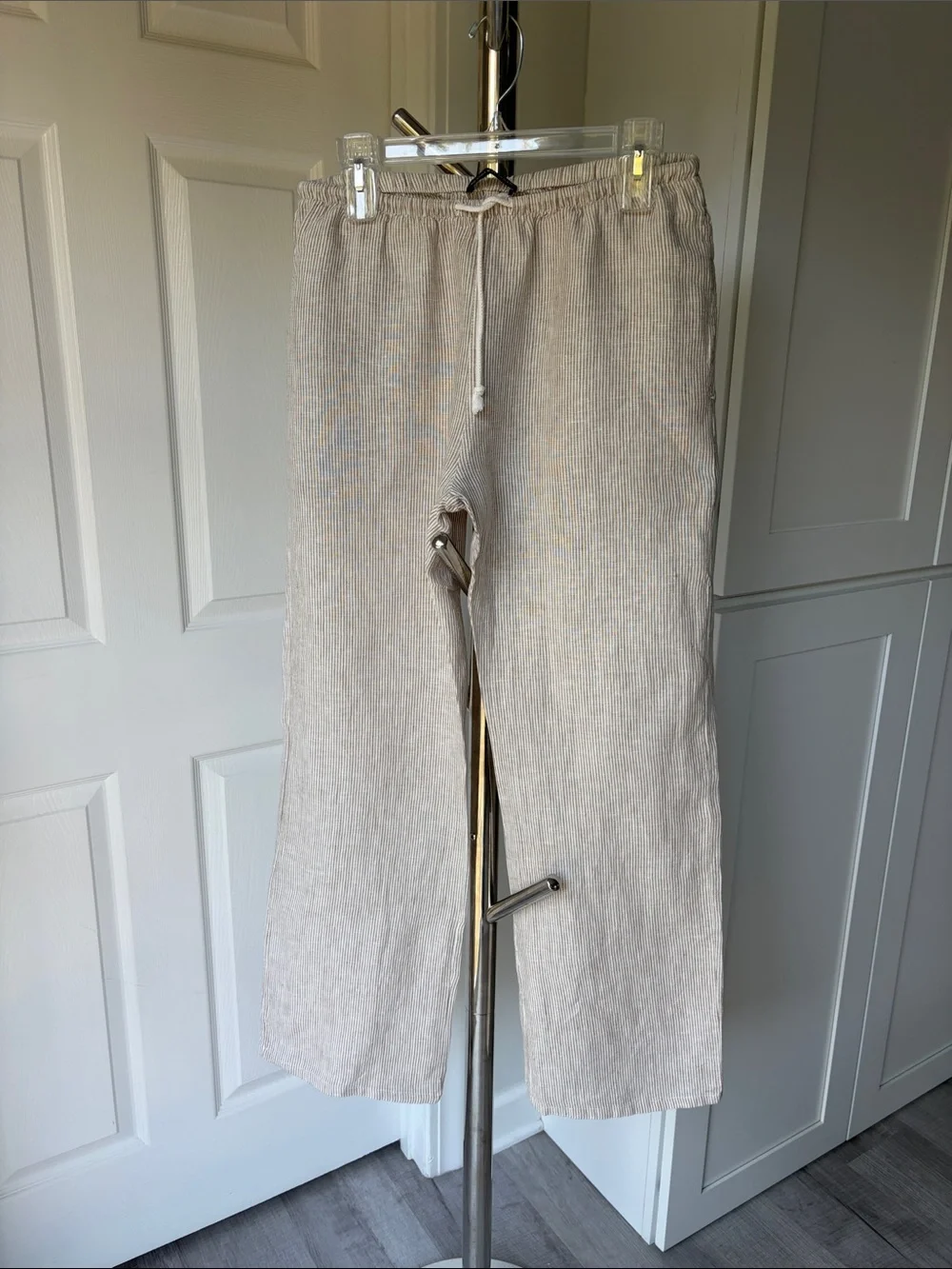 Brandy Melville Cream and Beige Stripes Drawstring Linen Pants, Waist 15 inches.